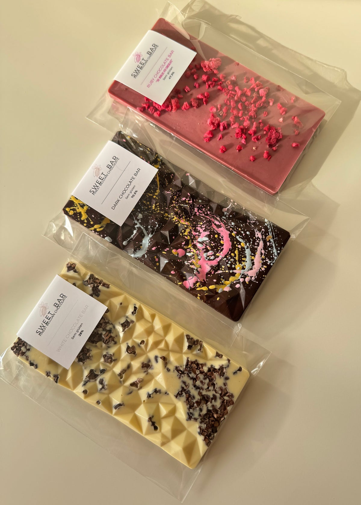 Kit 3 Sabores de Chocolate: Amargo-Branco-Ruby