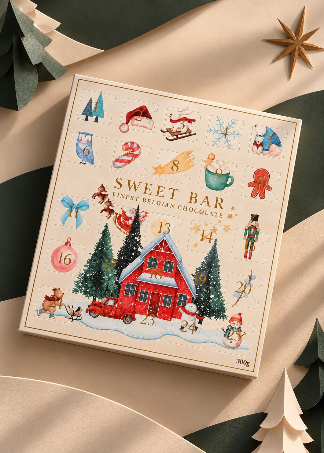 Calendário do Advento Sweet Bar sobre cenário de papel creme e verde com árvores e estrela.