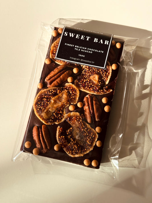 Chocolate Amargo com Figo Turco, Noz Pecan e Crispearls