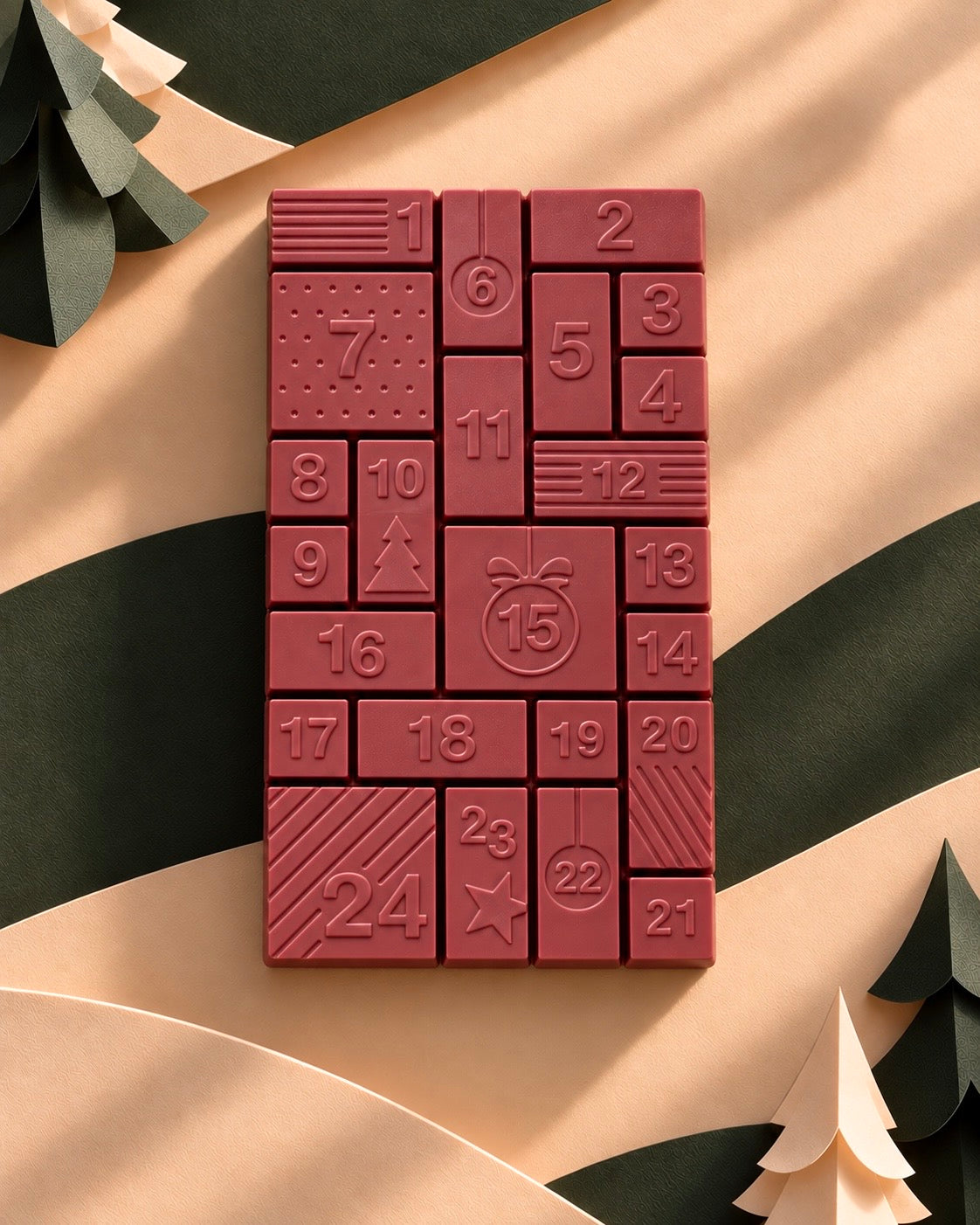 Barra de chocolate rosa Advento com números de 1 a 24 e detalhes natalinos