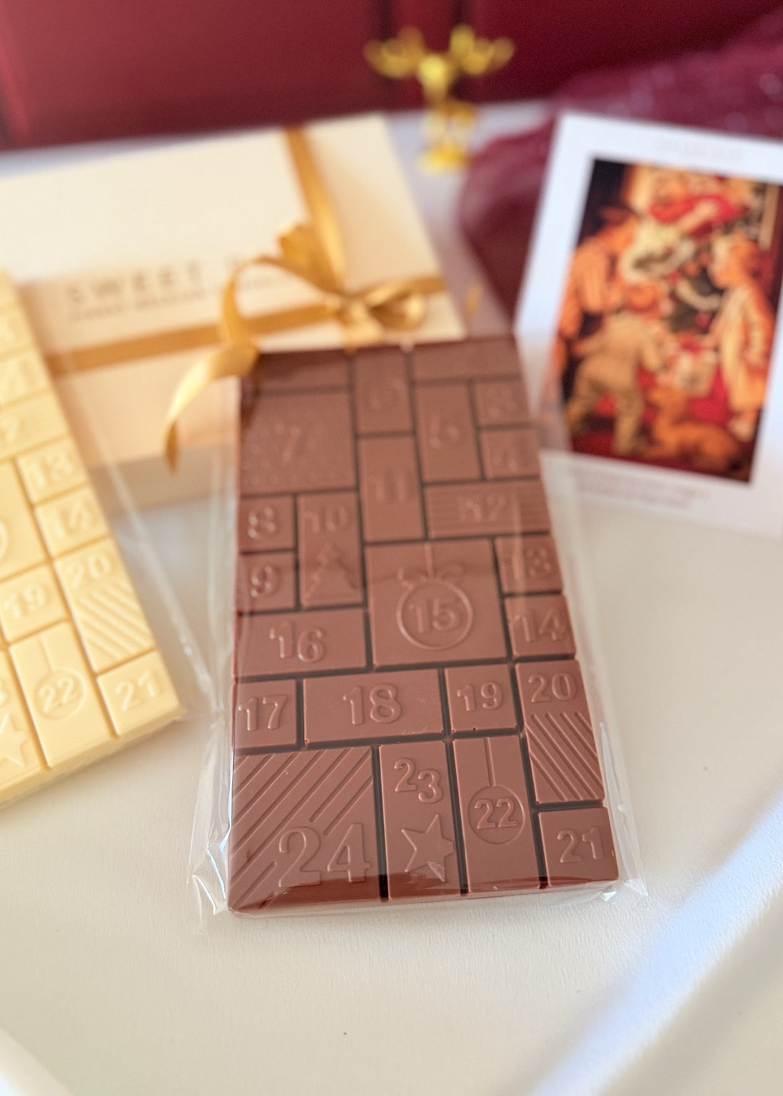 Detalhe da barra de chocolate ao leite da Caixa Premium Creme Sweet Bar