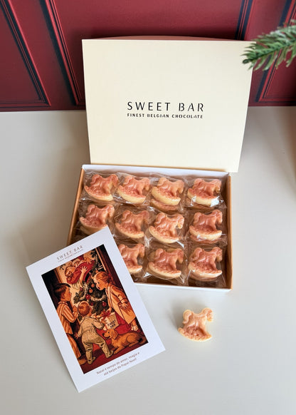 Caixa Sweet Bar com 24 mini cavalinhos de balanço de chocolate branco