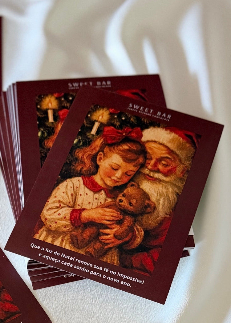 Cartões de Natal Vintage Bordô Sweet Bar com Papai Noel e menina